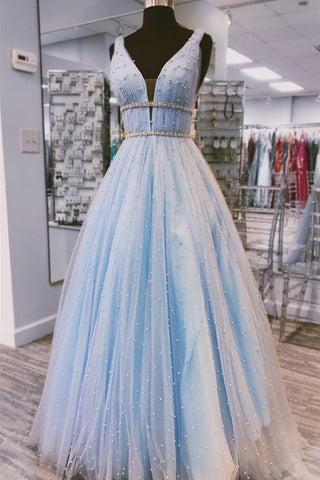 Shiny V Neck Blue Tulle Beaded Long Prom Dresses, V Neck Blue Formal Dresses, Beaded Blue Evening Dresses