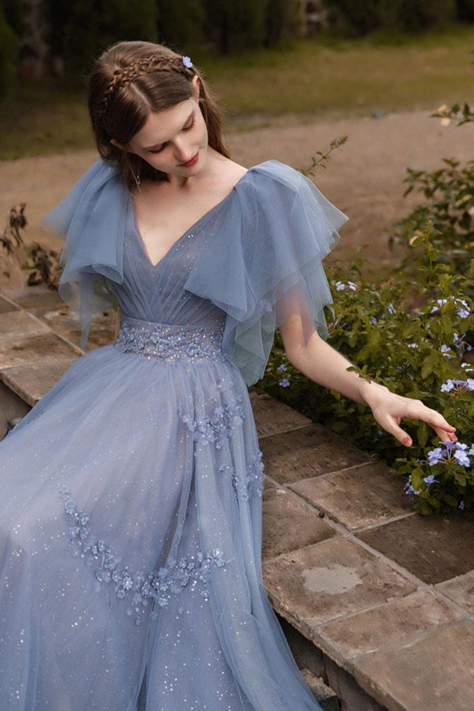 Shiny V Neck Cap Sleeves Blue Lace Long Prom Dresses, V Neck Blue Tull Lwt Dress Shiny V Neck Cap Sleeves Blue Lace Long Prom Dresses, V Neck Blue Tull Lwt Dress