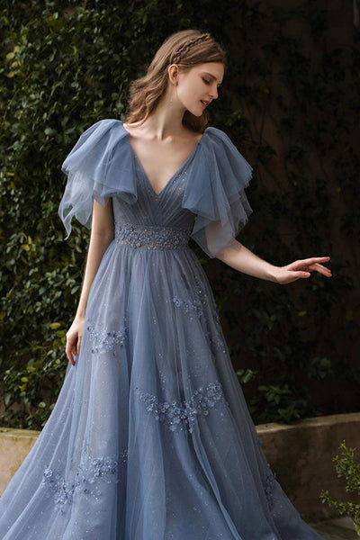 Shiny V Neck Cap Sleeves Blue Lace Long Prom Dresses, V Neck Blue Tull ...