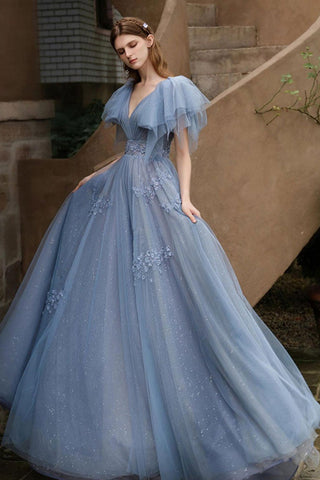 Shiny V Neck Cap Sleeves Blue Lace Long Prom Dresses, V Neck Blue Tulle Formal Dresses, Cap Sleeves Blue Evening Dresses