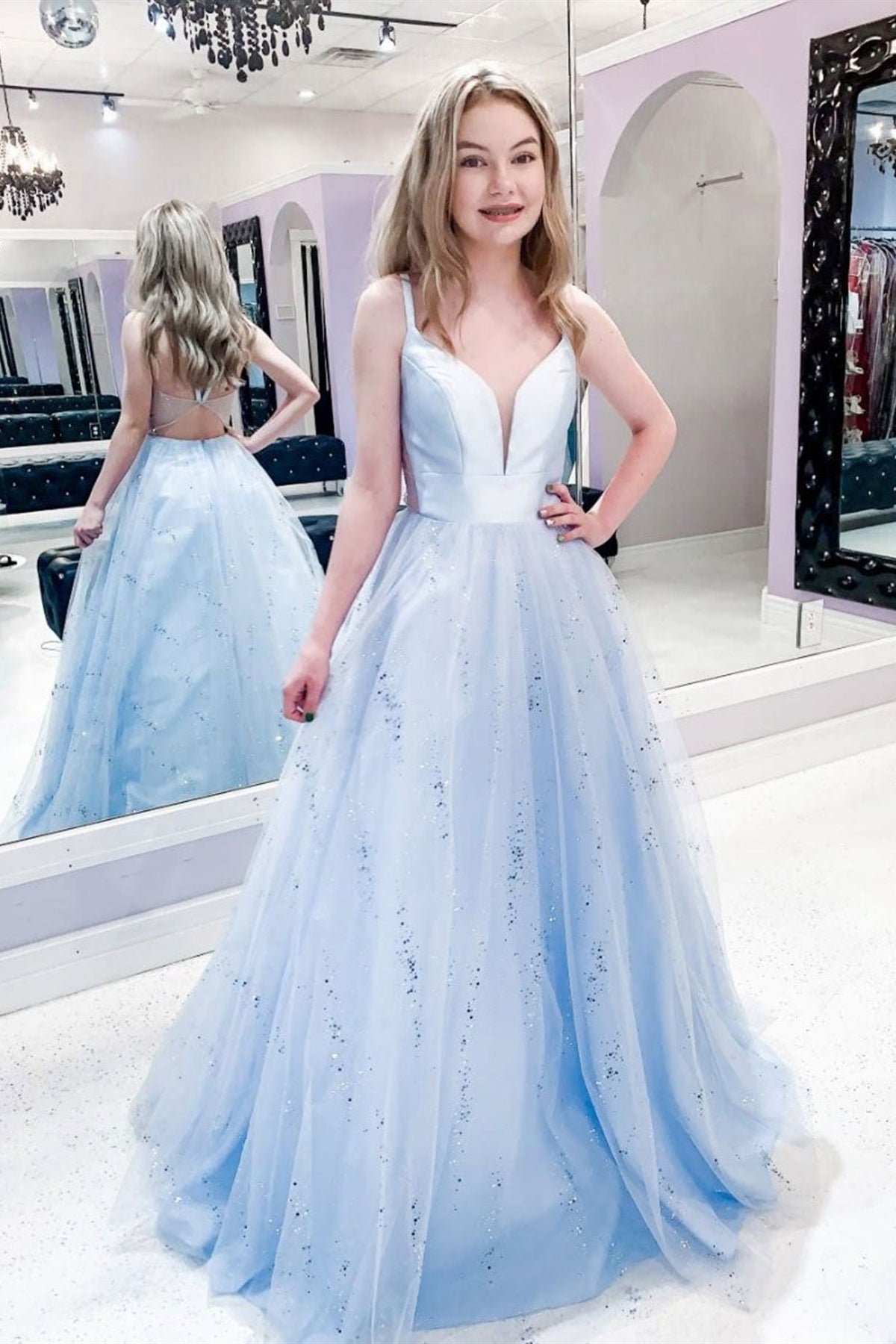 Shiny V Neck Open Back Blue Long Prom Dresses, V Neck Blue Formal Dres Lwt Dress Shiny V Neck Open Back Blue Long Prom Dresses, V Neck Blue Formal Dres Lwt Dress