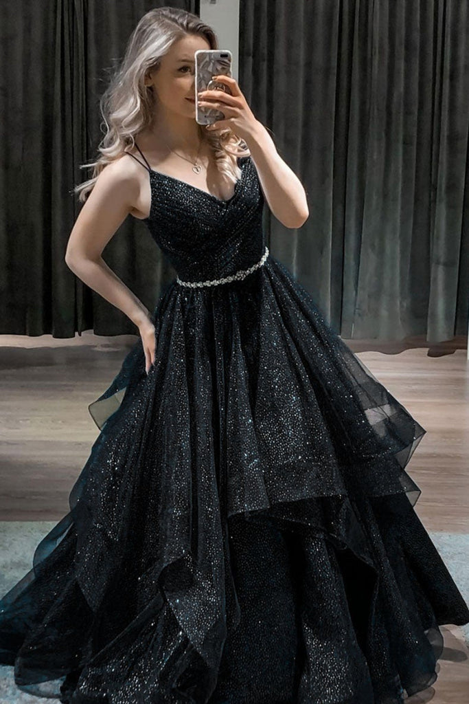 Shiny V Neck Puffy Dark Blue Burgundy Black Long Prom Dresses with Bel Lwt Dress Shiny V Neck Puffy Dark Blue Burgundy Black Long Prom Dresses with Bel Lwt Dress