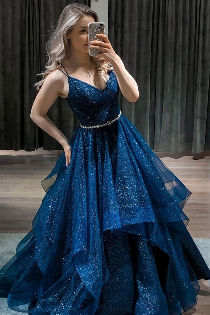 Shiny V Neck Puffy Dark Blue Burgundy Black Long Prom Dresses with Bel Lwt Dress Shiny V Neck Puffy Dark Blue Burgundy Black Long Prom Dresses with Bel Lwt Dress