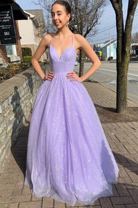Shiny V Neck Purple Long Prom Dresses, V Neck Purple Formal Dresses, Purple Evening Dresses