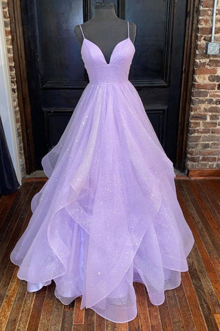 Shiny V Neck Purple Tulle Long Prom Dresses, V Neck Purple Formal Dresses, Purple Evening Dresses