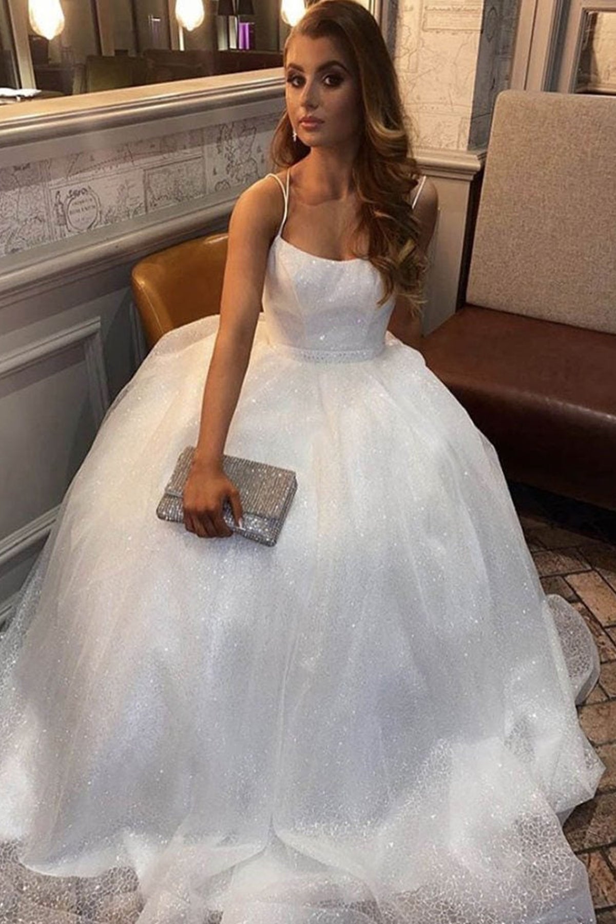 Shiny White Tulle Long Prom Dresses with Thin Straps, Long White Formal Evening Dresses