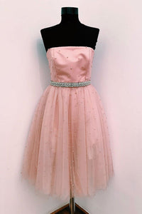 Short Beaded Pink Prom Dresses with Belt, Short Pink Homecoming Dresses, Pink Formal Graduation Dresses with Beadings