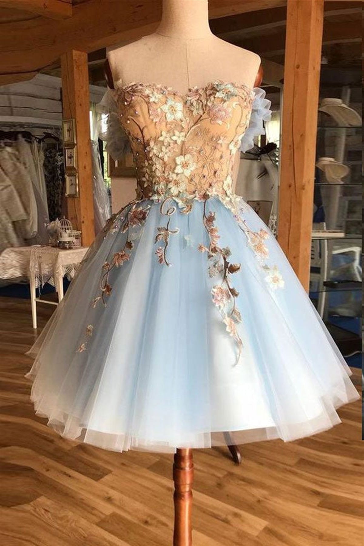 Short Blue Tulle Prom Dresses with Lace Appliques, Blue Lace Homecoming Dresses, Short Blue Formal Dresses