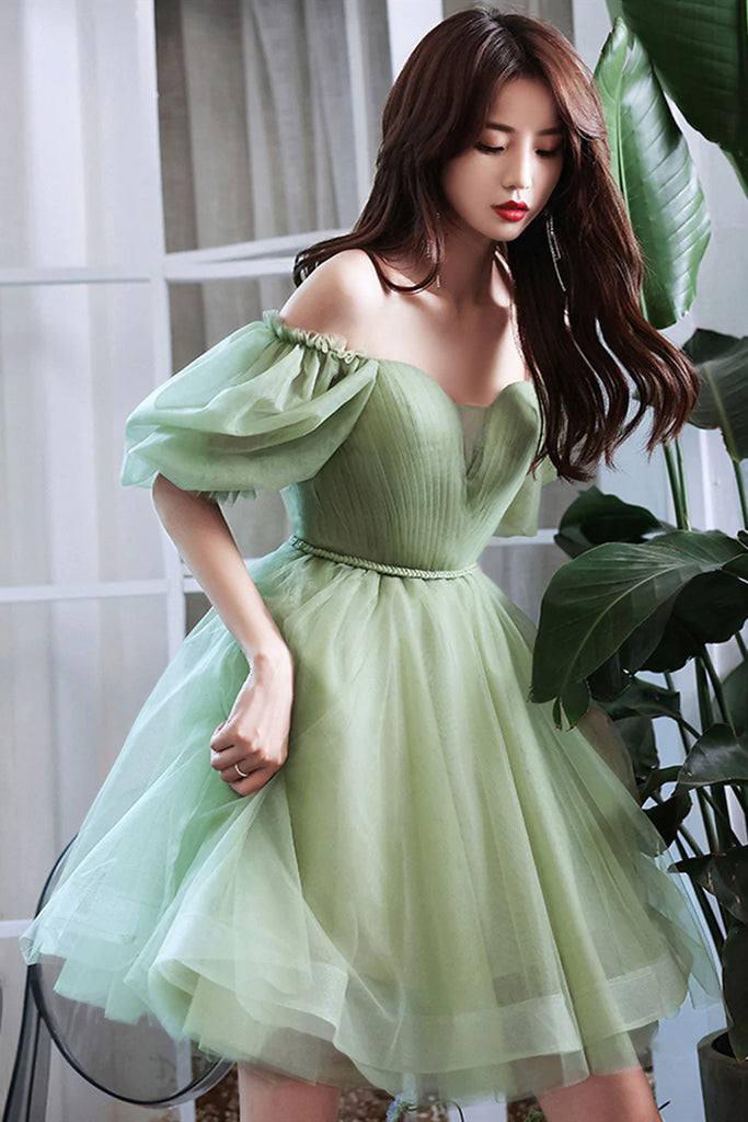 short green grad dresses Short Green Satin Prom Dresses Off Shoulder With Lace Flowers Beaded