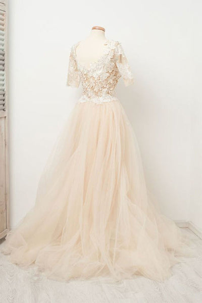 Short Sleeve Champagne Tulle Lace Floral Long Prom Dresses, Champagne Lace Formal Dresses, Floral Champagne Evening Dresses