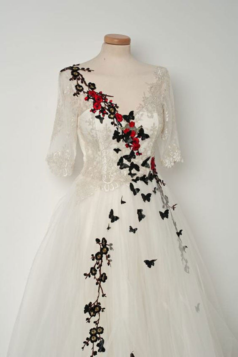 V Neck Ivory Lace Long Prom Dresses, Ivory Lace Wedding Dresses, Ivory Formal Evening Dresses EP1420 main image 0
