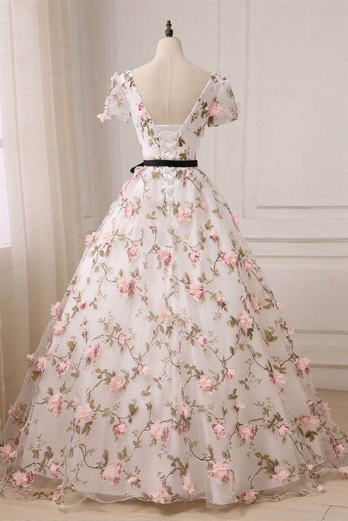 Short Sleeve V Neck Pink 3D Flowers White Long Prom Dresses, Pink Flor Lwt Dress Short Sleeve V Neck Pink 3D Flowers White Long Prom Dresses, Pink Flor Lwt Dress
