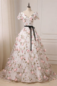Short Sleeve V Neck Pink 3D Flowers White Long Prom Dresses, Pink Floral White Formal Evening Dresses