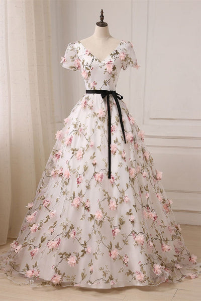 Short Sleeve V Neck Pink 3D Flowers White Long Prom Dresses, Pink Floral White Formal Evening Dresses