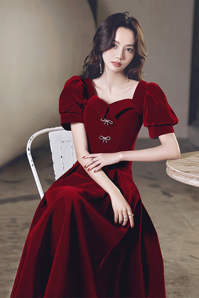 Short Sleeves Burgundy Velvet Tea Length Prom Homecoming Dresses, Burg Lwt Dress Short Sleeves Burgundy Velvet Tea Length Prom Homecoming Dresses, Burg Lwt Dress