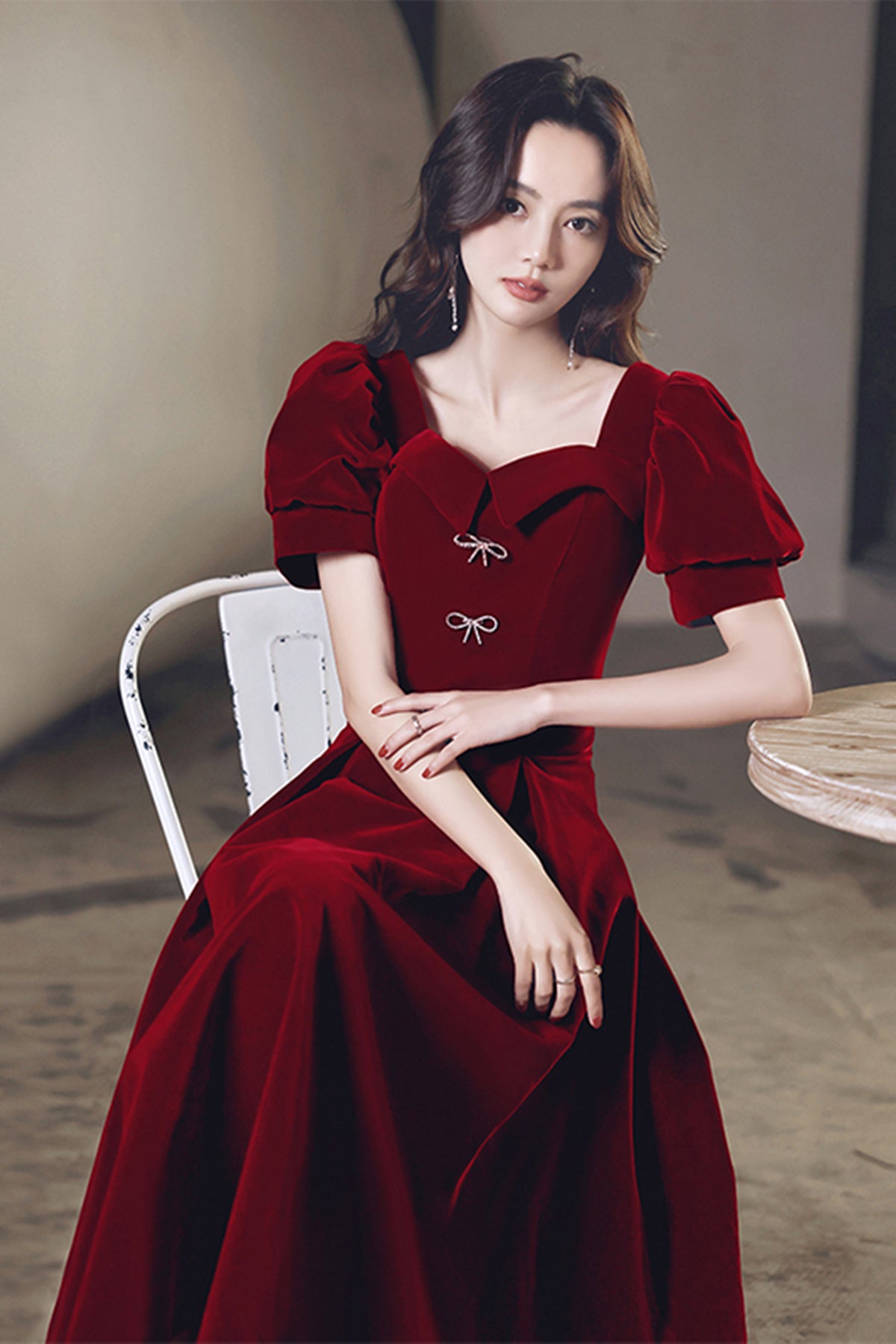 Short Sleeves Burgundy Velvet Tea Length Prom Homecoming Dresses