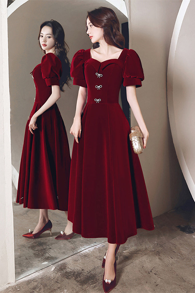 Short Sleeves Burgundy Velvet Tea Length Prom Homecoming Dresses, Burg Lwt Dress Short Sleeves Burgundy Velvet Tea Length Prom Homecoming Dresses, Burg Lwt Dress