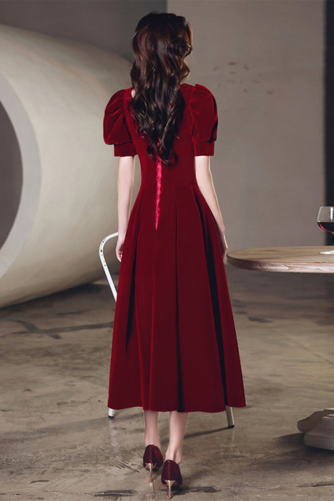 Short Sleeves Burgundy Velvet Tea Length Prom Homecoming Dresses, Burg Lwt Dress Short Sleeves Burgundy Velvet Tea Length Prom Homecoming Dresses, Burg Lwt Dress