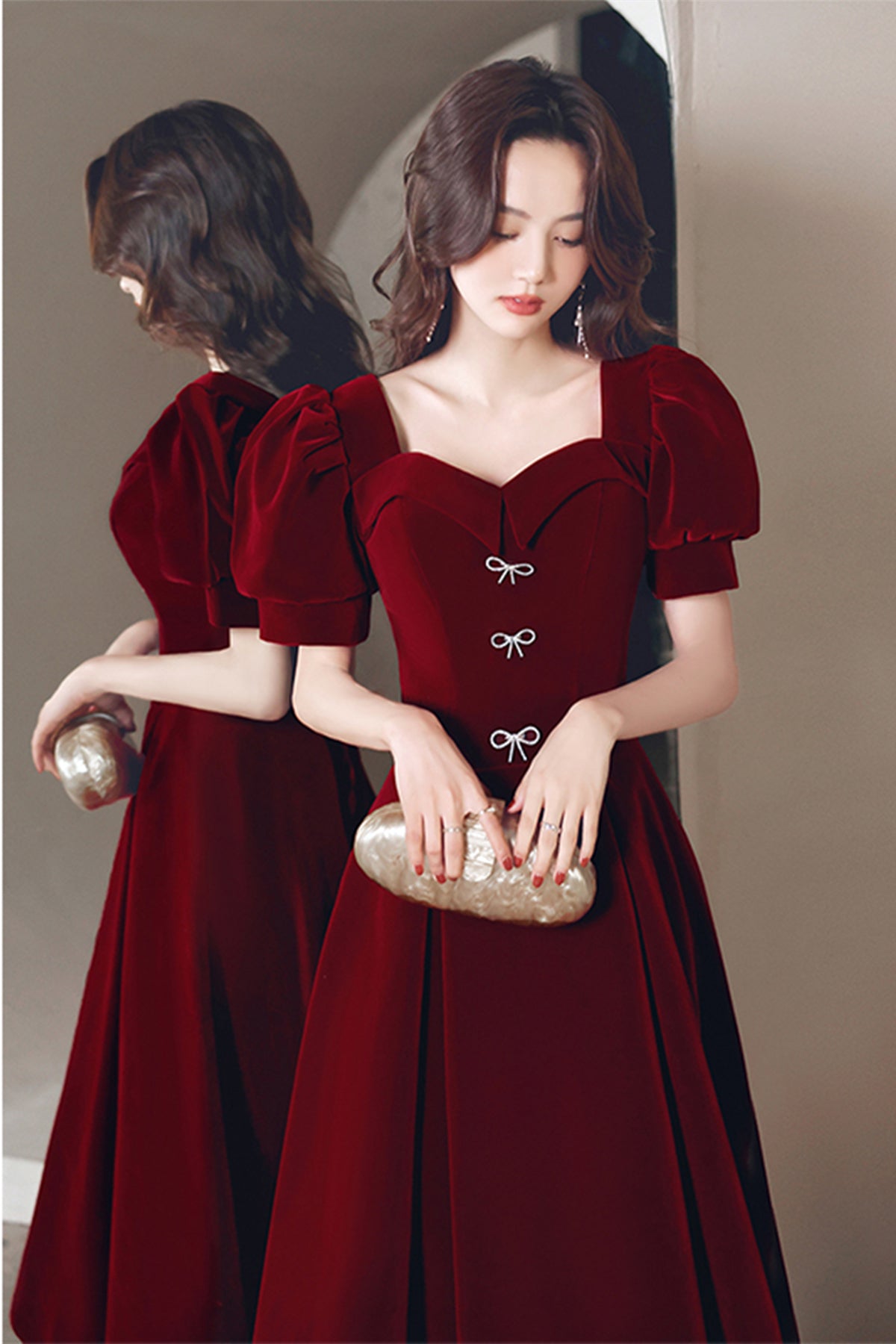 Short Sleeves Burgundy Velvet Tea Length Prom Homecoming Dresses, Burg Lwt Dress Short Sleeves Burgundy Velvet Tea Length Prom Homecoming Dresses, Burg Lwt Dress