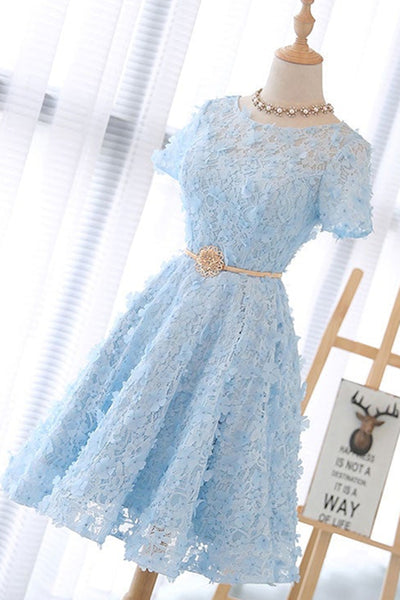 Short Sleeves Light Blue Lace Short Prom Dresses, Round Neck Light Blue Homecoming Dresses, Light Blue Lace Formal Evening Dresses