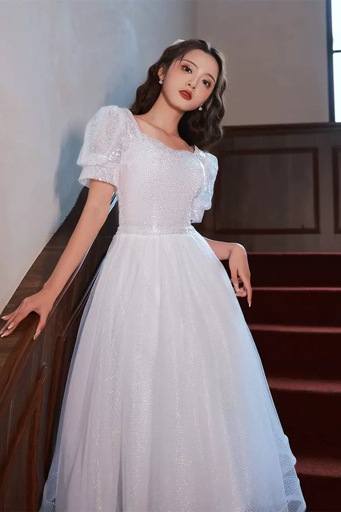 Short Sleeves Shiny Tulle White Prom Dresses, Shiny White Homecoming D Lwt Dress Short Sleeves Shiny Tulle White Prom Dresses, Shiny White Homecoming D Lwt Dress