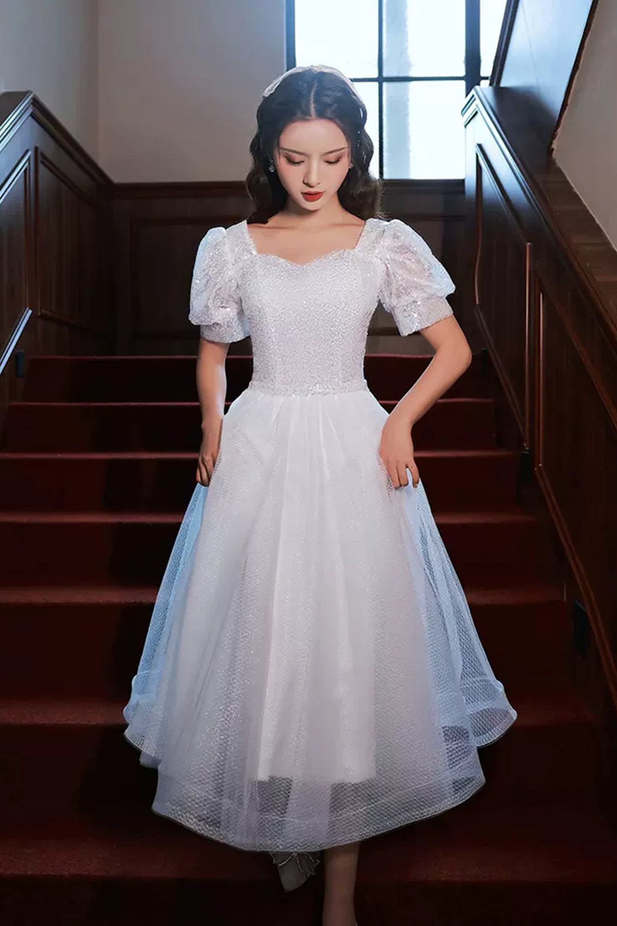 Short Sleeves Shiny Tulle White Prom Dresses, Shiny White Homecoming D Lwt Dress Short Sleeves Shiny Tulle White Prom Dresses, Shiny White Homecoming D Lwt Dress