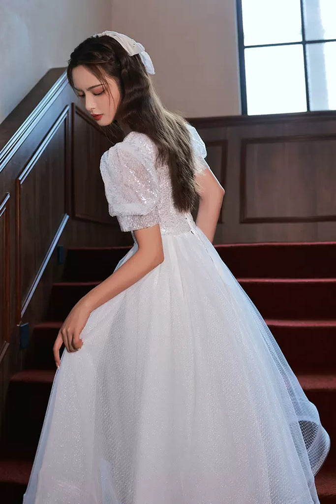 Short Sleeves Shiny Tulle White Prom Dresses, Shiny White Homecoming D Lwt Dress Short Sleeves Shiny Tulle White Prom Dresses, Shiny White Homecoming D Lwt Dress