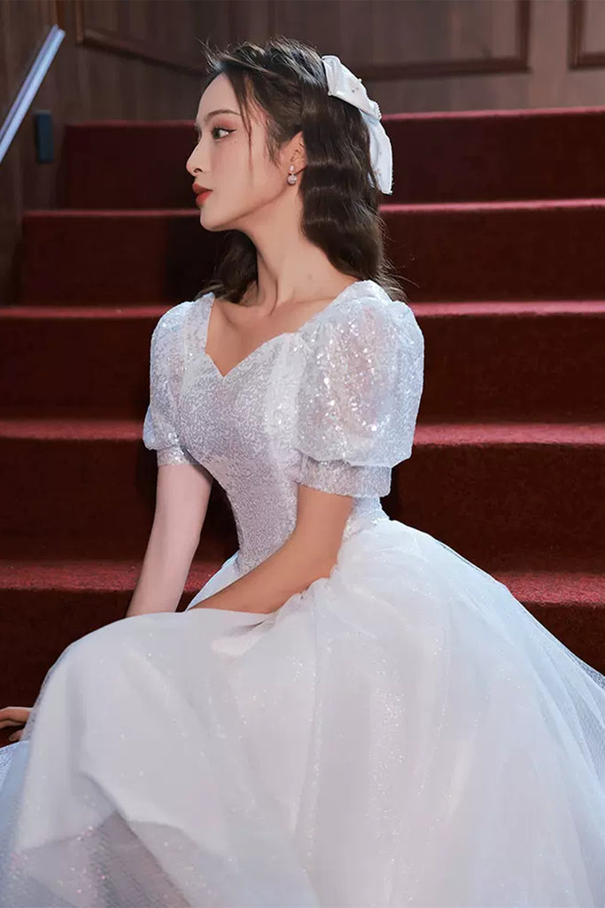 Short Sleeves Shiny Tulle White Prom Dresses, Shiny White Homecoming D Lwt Dress Short Sleeves Shiny Tulle White Prom Dresses, Shiny White Homecoming D Lwt Dress