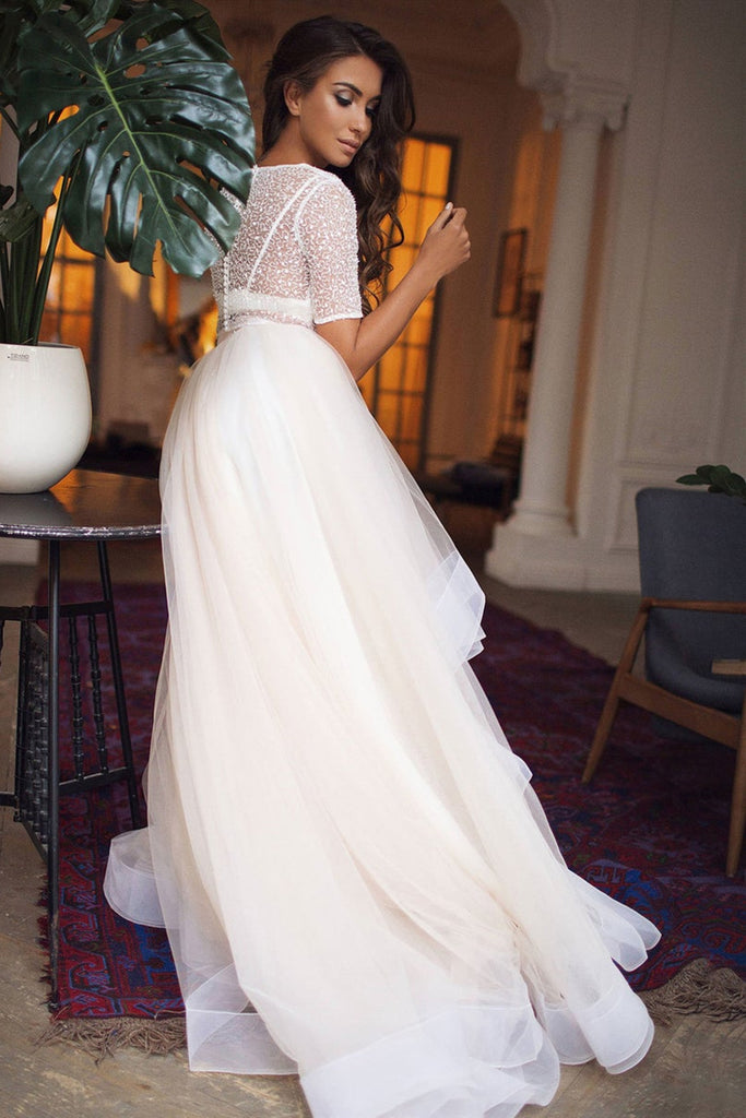 Short Sleeves Two Pieces Light Champagne Tulle Beaded Long Prom Dresse Lwt Dress Short Sleeves Two Pieces Light Champagne Tulle Beaded Long Prom Dresse Lwt Dress