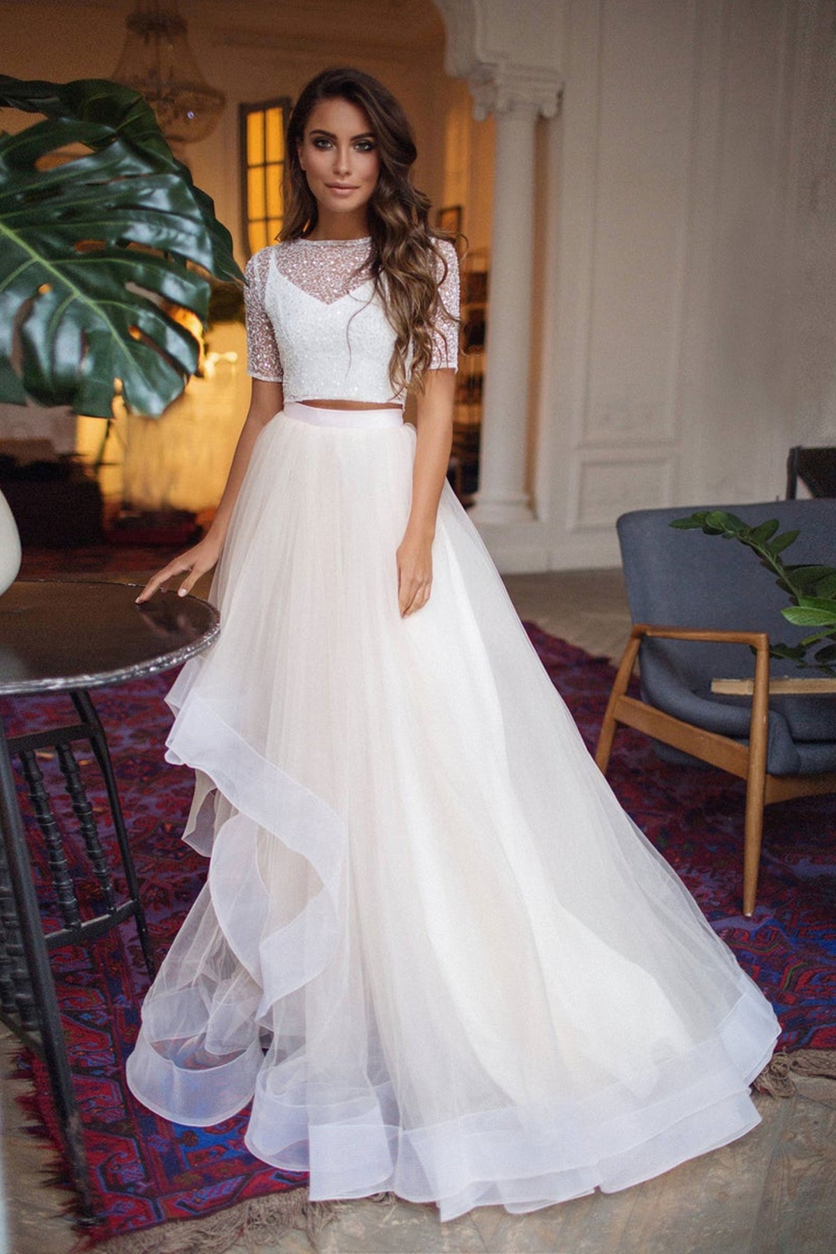 Short Sleeves Two Pieces Light Champagne Tulle Beaded Long Prom Dresse Lwt Dress Short Sleeves Two Pieces Light Champagne Tulle Beaded Long Prom Dresse Lwt Dress