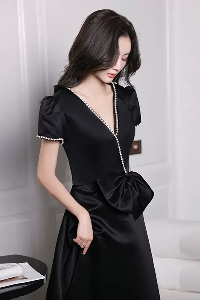Short Sleeves V Neck Beaded Black Long Prom Dresses, V Neck Black Form Lwt Dress Short Sleeves V Neck Beaded Black Long Prom Dresses, V Neck Black Form Lwt Dress