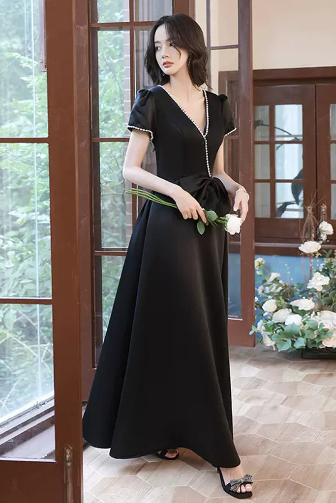 Short Sleeves V Neck Beaded Black Long Prom Dresses, V Neck Black Form Lwt Dress Short Sleeves V Neck Beaded Black Long Prom Dresses, V Neck Black Form Lwt Dress