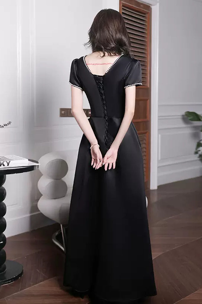 Short Sleeves V Neck Beaded Black Long Prom Dresses, V Neck Black Form Lwt Dress Short Sleeves V Neck Beaded Black Long Prom Dresses, V Neck Black Form Lwt Dress