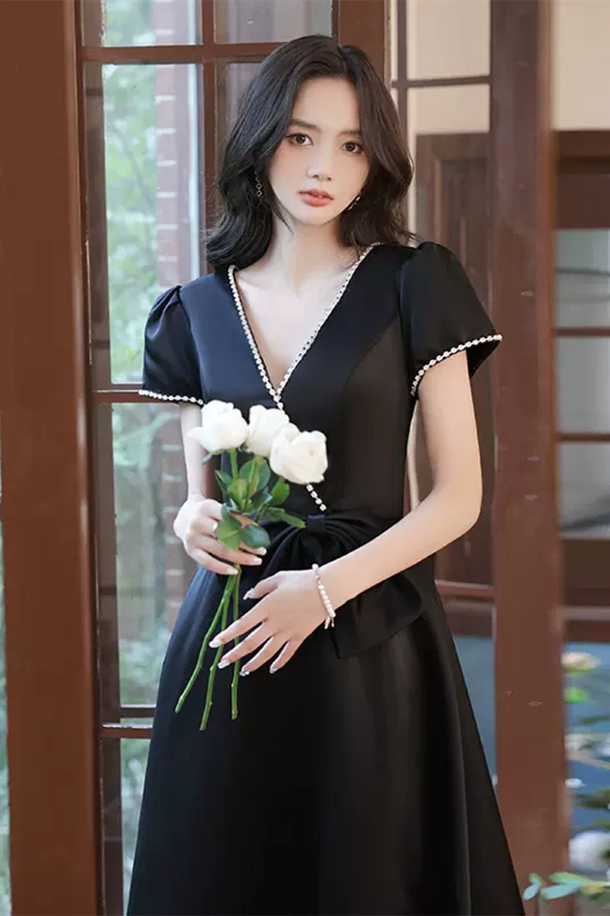 Short Sleeves V Neck Beaded Black Long Prom Dresses, V Neck Black Form Lwt Dress Short Sleeves V Neck Beaded Black Long Prom Dresses, V Neck Black Form Lwt Dress