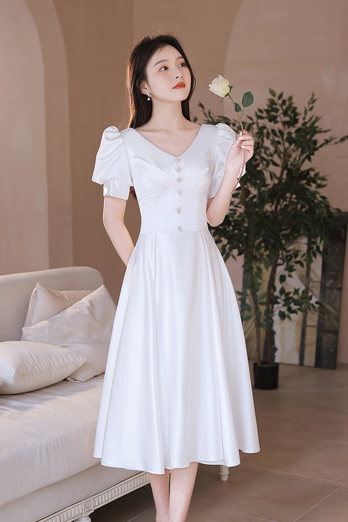 Short Sleeves V Neck White Satin Short Prom Dresses, V Neck White Home Lwt Dress Short Sleeves V Neck White Satin Short Prom Dresses, V Neck White Home Lwt Dress