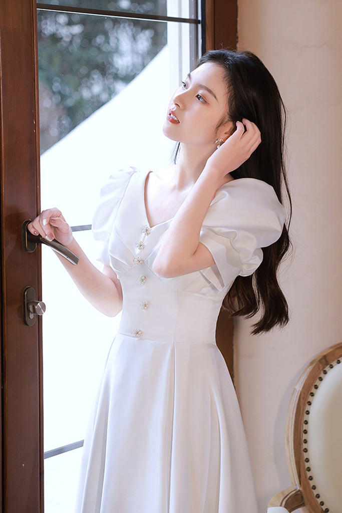Short Sleeves V Neck White Satin Short Prom Dresses, V Neck White Home Lwt Dress Short Sleeves V Neck White Satin Short Prom Dresses, V Neck White Home Lwt Dress