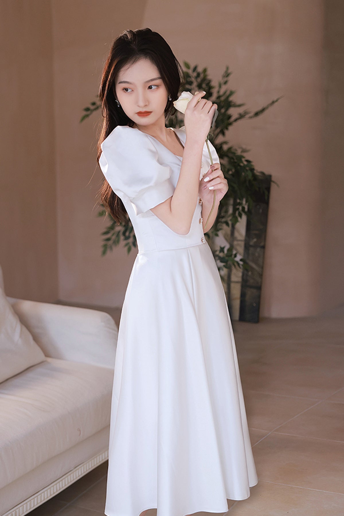 Short Sleeves V Neck White Satin Short Prom Dresses, V Neck White Home – Lwt Dress