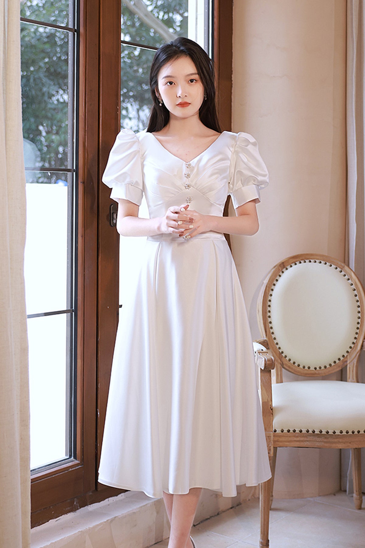 Short Sleeves V Neck White Satin Short Prom Dresses, V Neck White Home Lwt Dress Short Sleeves V Neck White Satin Short Prom Dresses, V Neck White Home Lwt Dress