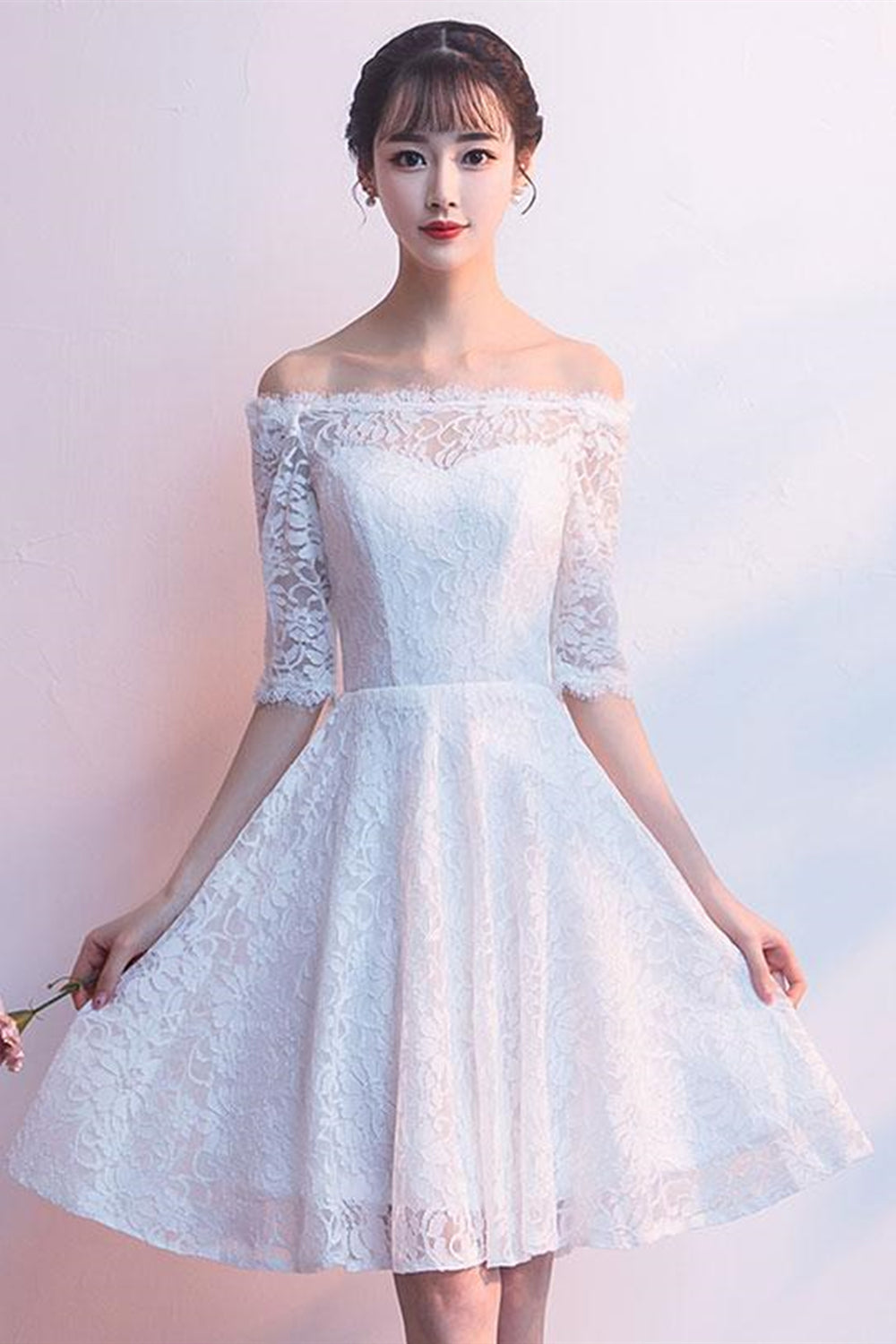 Short Sleeves White Lace Short Prom Dresses, Off Shoulder White Homeco Lwt Dress Short Sleeves White Lace Short Prom Dresses, Off Shoulder White Homeco Lwt Dress