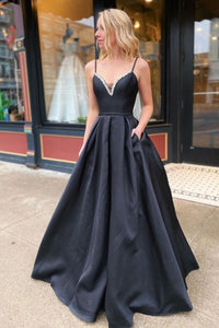 Simple Backless Black Satin Long Prom Dresses, Beaded Black Formal Dresses, Black Evening Dresses
