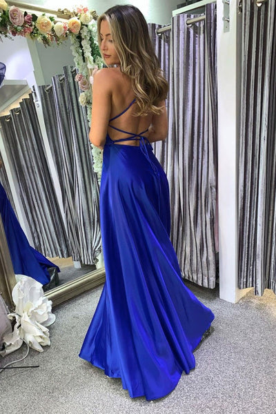Simple Backless High Slit Royal Blue Long Prom Dresses, Backless Royal Blue Formal Graduation Evening Dresses
