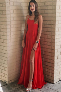 Simple Backless Red Chiffon Long Prom Dresses, High Slit Red Formal Dresses, Red Evening Dresses