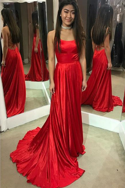 Simple Backless Red Satin Long Prom Dresses, Backless Red Formal Graduation Evening Dresses