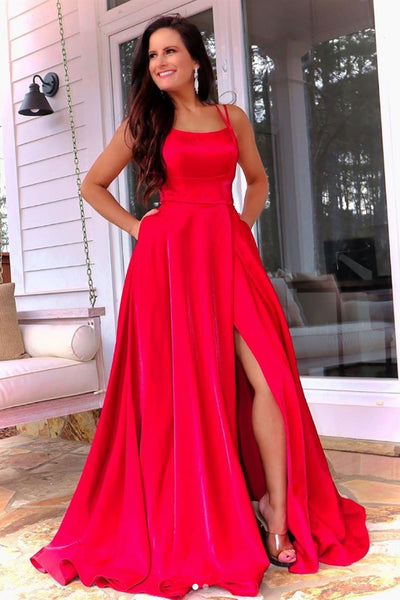Simple Backless Red Satin Long Prom Dresses with High Slit, Backless Red Formal Graduation Evening Dresses
