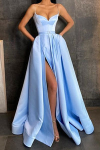 Simple Blue Satin Long Prom Dresses with High Slit, Light Blue Formal Graduation Evening Dresses
