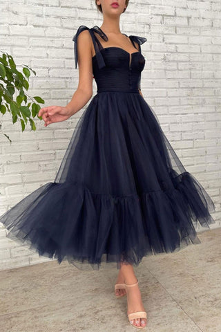 Simple Dark Blue Tulle Open Back Tea Length Prom Dresses, Dark Blue Tulle Formal Graduation Evening Dresses