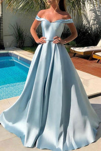 Simple Off Shoulder Blue Satin Long Prom Dresses, Off Shoulder Blue Formal Dresses, Blue Evening Dresses