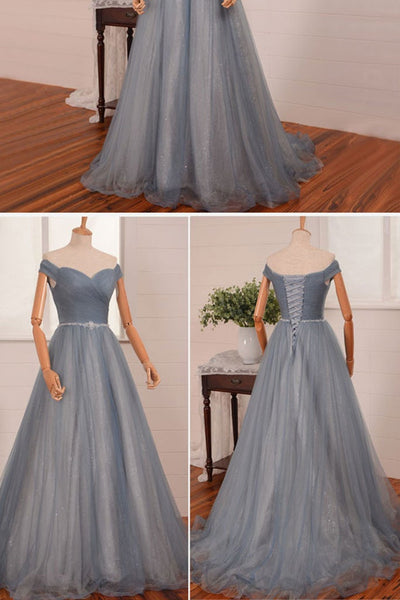 Simple Off Shoulder Gray Tulle Long Prom Dresses with Belt, Off the Shoulder Gray Formal Evening Dresses