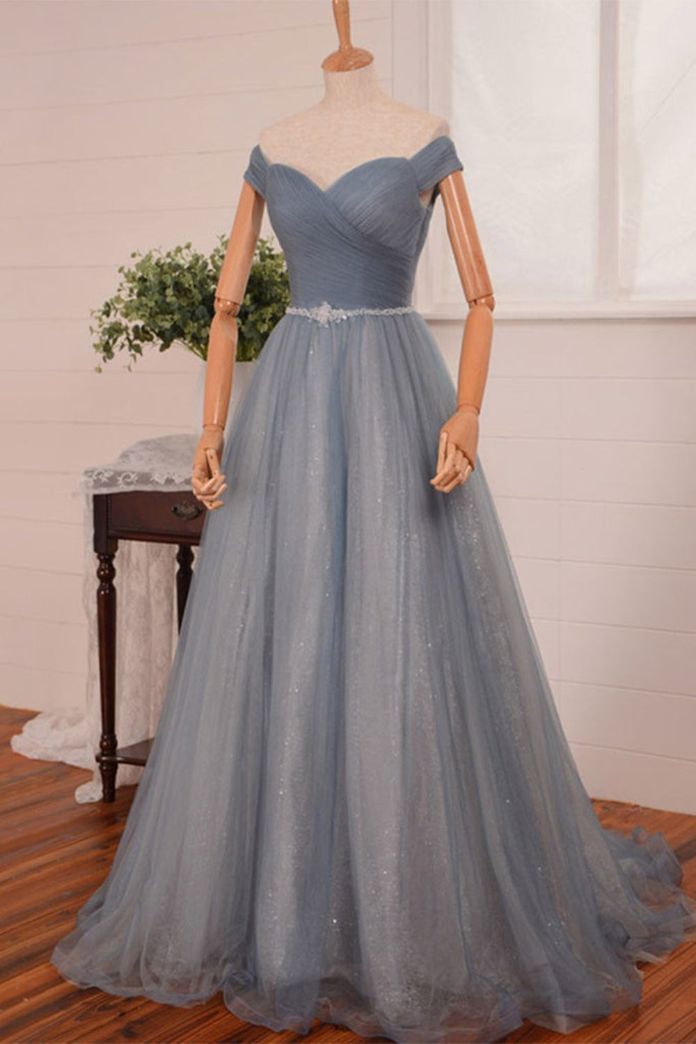 Simple Off Shoulder Gray Tulle Long Prom Dresses with Belt, Off the Shoulder Gray Formal Evening Dresses