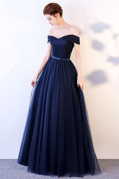 Simple Off Shoulder Navy Blue Tulle Long Prom Dresses, Off the Shoulder Navy Blue Formal Dresses, Navy Blue Evening Dresses